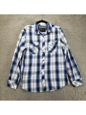 Reruns Shirt Mens Large Blue Plaid Button Up Long Sleeve